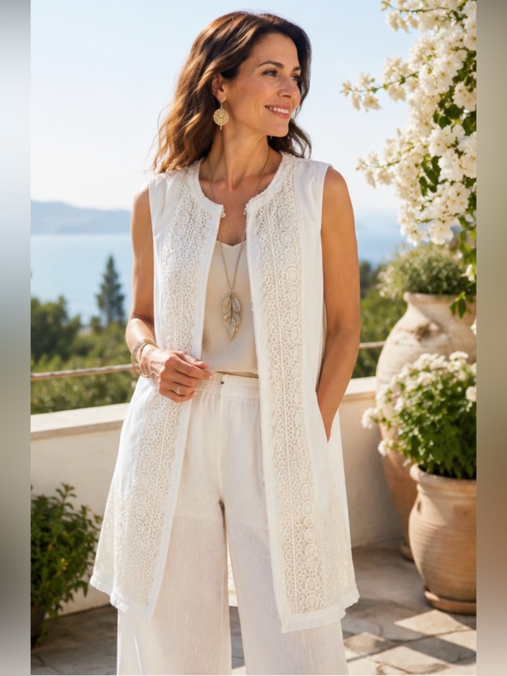 Chico's NWT Lace Duster Vest White Cream Cotton Fringe Open Front Size 4 XXL